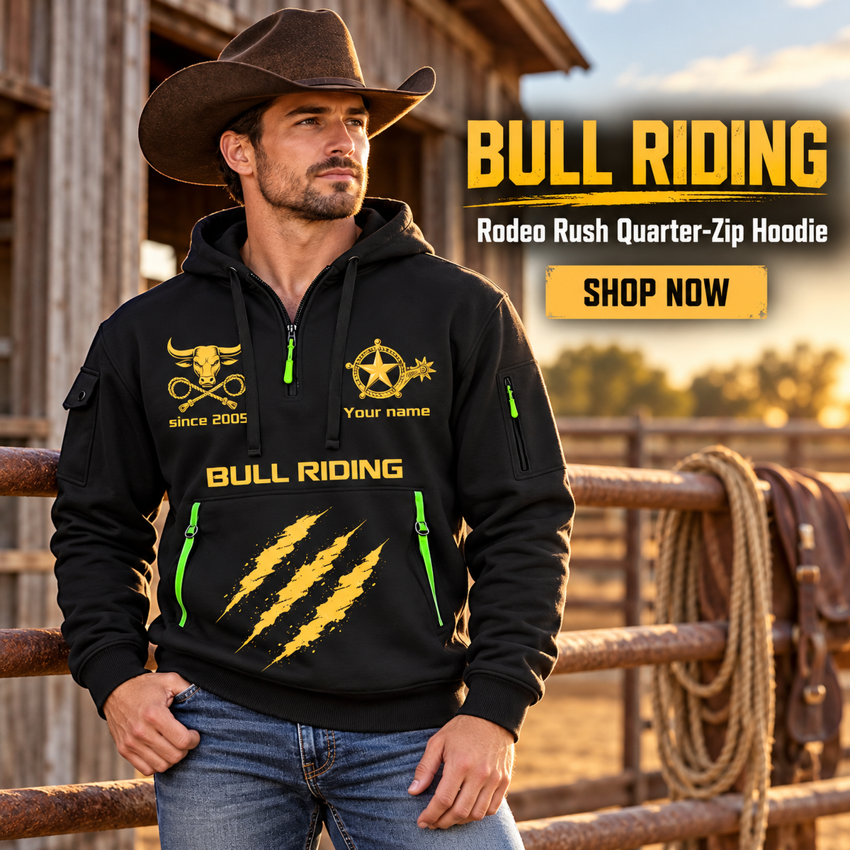 Bull Riding wearing Bull Riding Rodeo Rush Quarter-Zip Hoodie with Name and Year - BR17365536 quarter-zip hoodie in their workplace; product introduction and shopping call to action