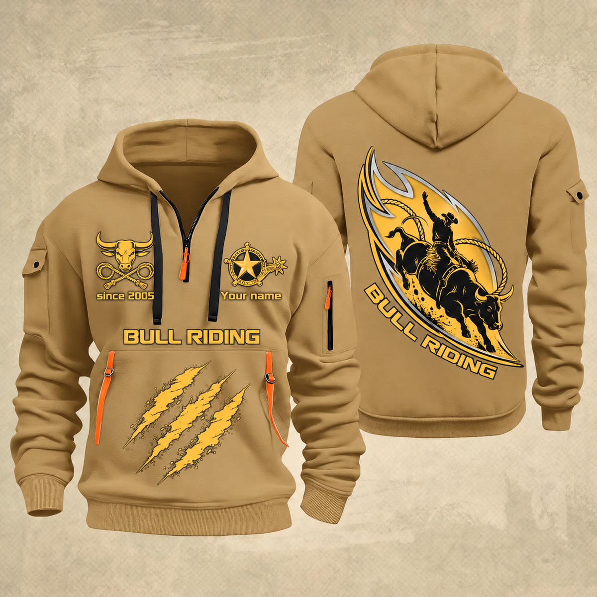 Bull Riding Bull Riding Rodeo Rush Quarter-Zip Hoodie with Name and Year - BR17365536 quarter-zip hoodie in Khaki, front and back, Your name and since 2005 artwork