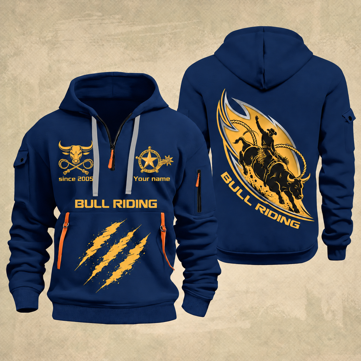 Bull Riding Bull Riding Rodeo Rush Quarter-Zip Hoodie with Name and Year - BR17365536 quarter-zip hoodie in Navy, front and back, Your name and since 2005 artwork