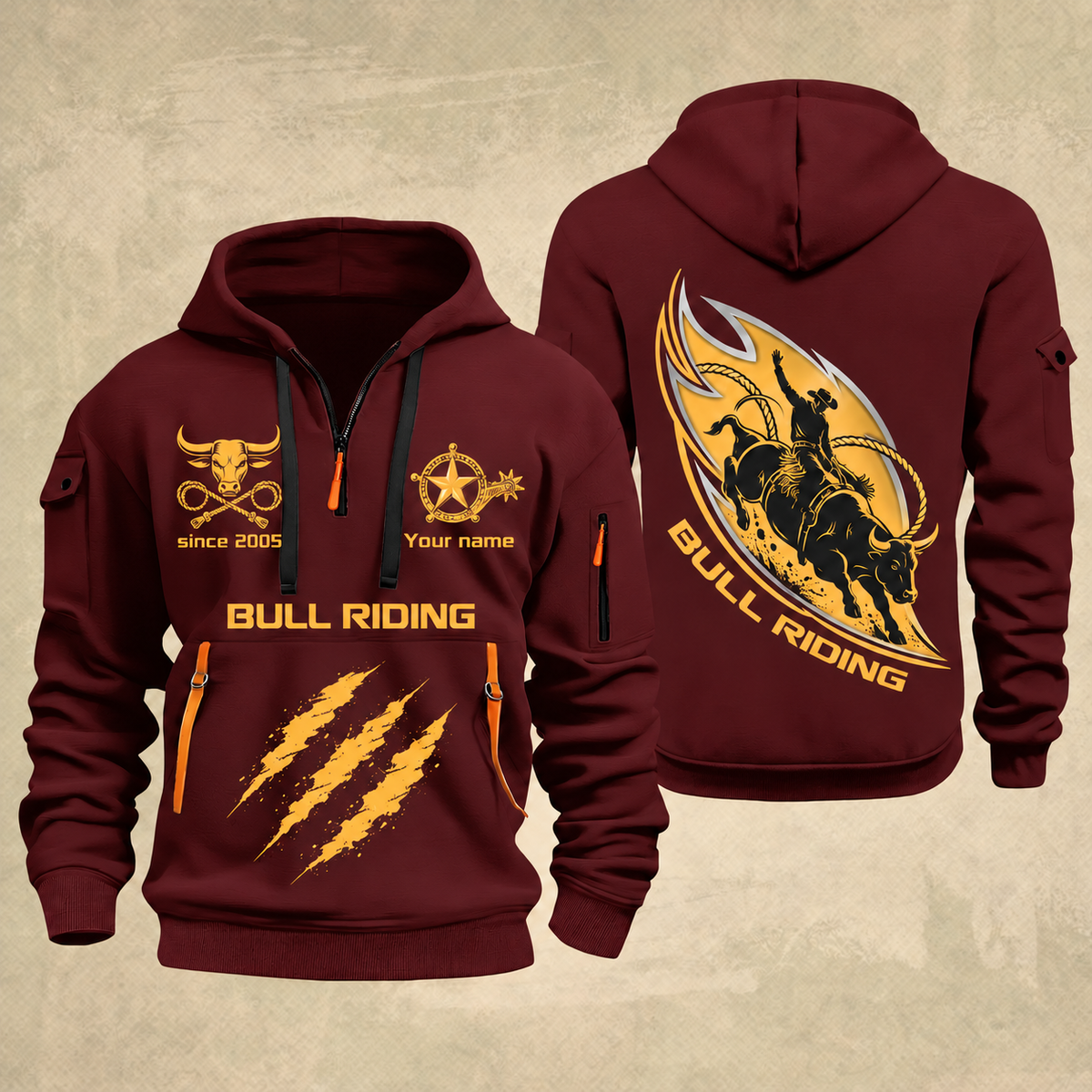 Bull Riding Bull Riding Rodeo Rush Quarter-Zip Hoodie with Name and Year - BR17365536 quarter-zip hoodie in Wine Red, front and back, Your name and since 2005 artwork