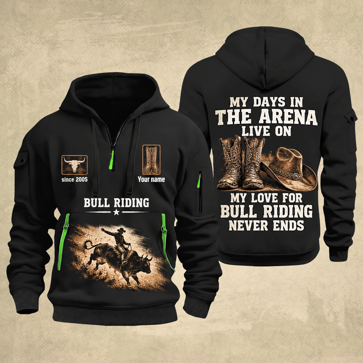Bull Riding Bull Riding Rodeo Never Ends Quarter-Zip Hoodie with Name and Year - BR17557344 quarter-zip hoodie in Black, front and back, Your name and since 2005 artwork