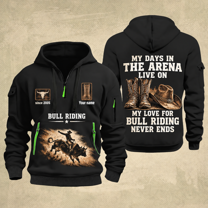 Bull Riding Bull Riding Rodeo Never Ends Quarter-Zip Hoodie with Name and Year - BR17557344 quarter-zip hoodie in Black, front and back, Your name and since 2005 artwork
