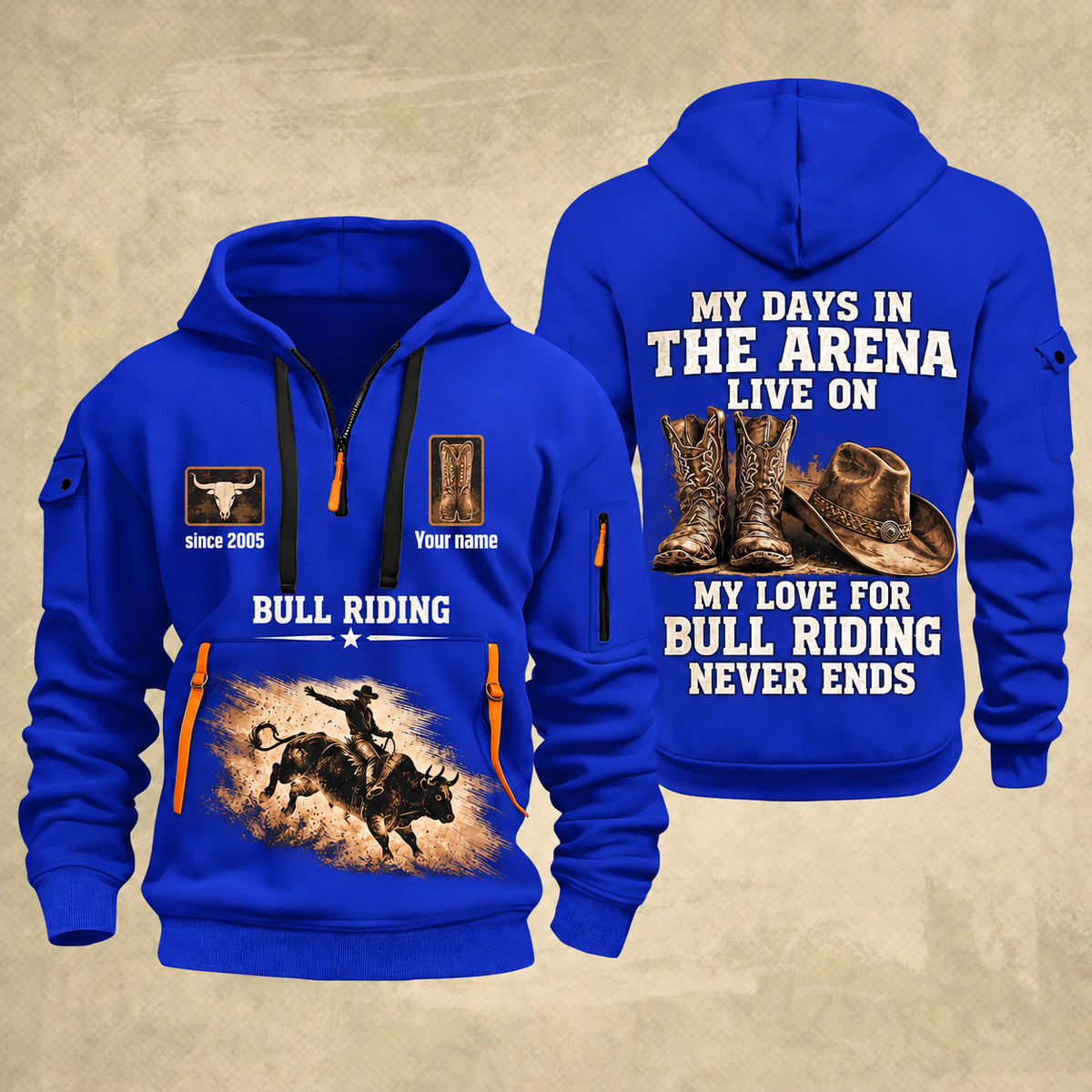 Bull Riding Bull Riding Rodeo Never Ends Quarter-Zip Hoodie with Name and Year - BR17557344 quarter-zip hoodie in Blue, front and back, Your name and since 2005 artwork