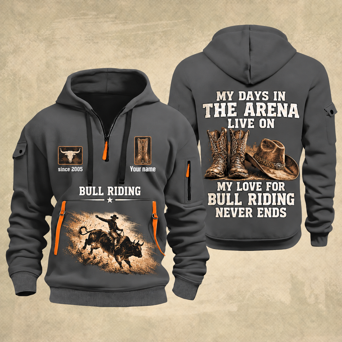 Bull Riding Bull Riding Rodeo Never Ends Quarter-Zip Hoodie with Name and Year - BR17557344 quarter-zip hoodie in Gray, front and back, Your name and since 2005 artwork