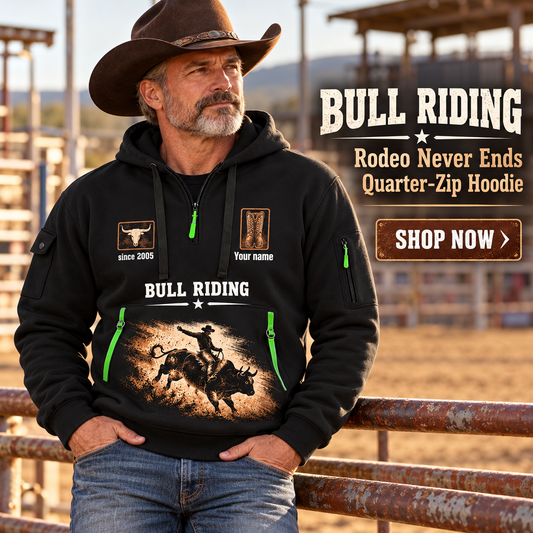Bull Riding wearing Bull Riding Rodeo Never Ends Quarter-Zip Hoodie with Name and Year - BR17557344 quarter-zip hoodie in their workplace; product introduction and shopping call to action