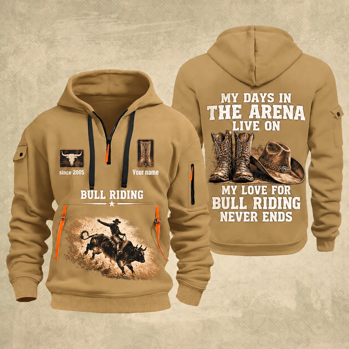 Bull Riding Bull Riding Rodeo Never Ends Quarter-Zip Hoodie with Name and Year - BR17557344 quarter-zip hoodie in Khaki, front and back, Your name and since 2005 artwork