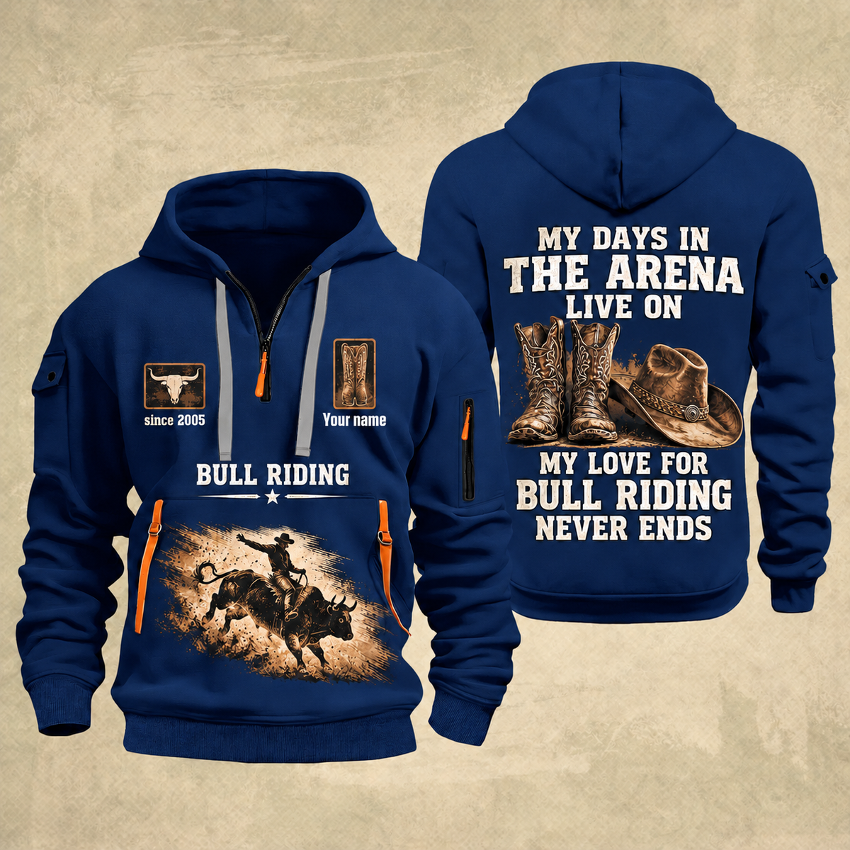 Bull Riding Bull Riding Rodeo Never Ends Quarter-Zip Hoodie with Name and Year - BR17557344 quarter-zip hoodie in Navy, front and back, Your name and since 2005 artwork
