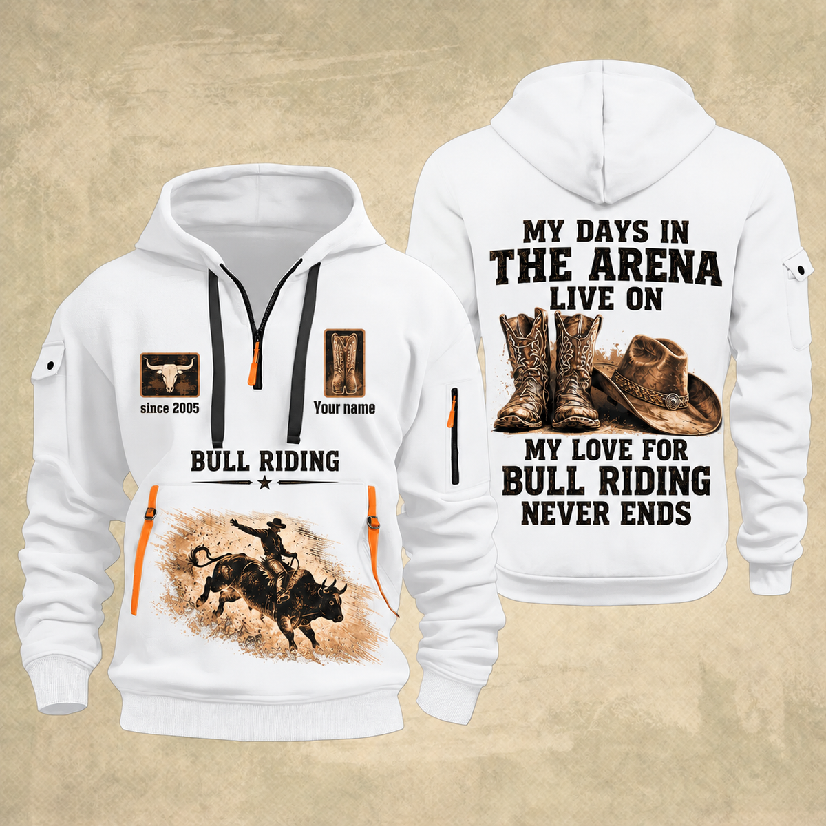 Bull Riding Bull Riding Rodeo Never Ends Quarter-Zip Hoodie with Name and Year - BR17557344 quarter-zip hoodie in White, front and back, Your name and since 2005 artwork