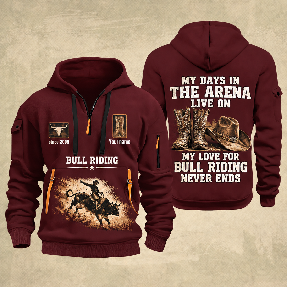 Bull Riding Bull Riding Rodeo Never Ends Quarter-Zip Hoodie with Name and Year - BR17557344 quarter-zip hoodie in Wine Red, front and back, Your name and since 2005 artwork