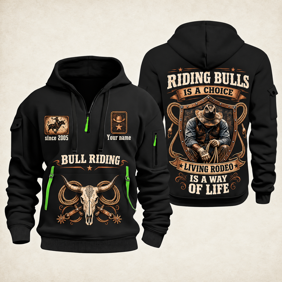Bull Riding Bull Riding Rodeo By Choice Quarter-Zip Hoodie with Name and Year - BR17563392 quarter-zip hoodie in Black, front and back, Your name and since 2005 artwork