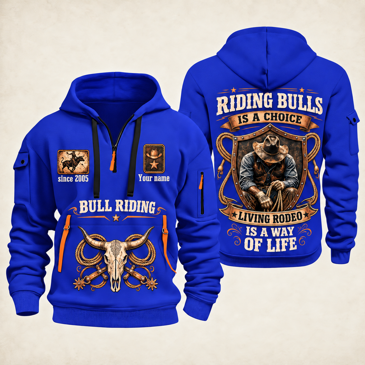Bull Riding Bull Riding Rodeo By Choice Quarter-Zip Hoodie with Name and Year - BR17563392 quarter-zip hoodie in Blue, front and back, Your name and since 2005 artwork