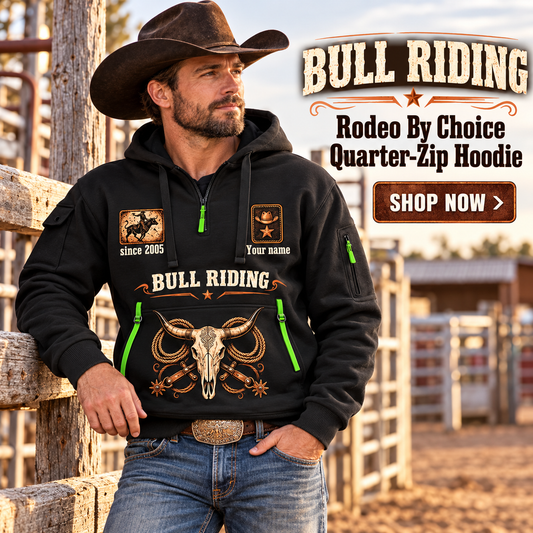 Bull Riding wearing Bull Riding Rodeo By Choice Quarter-Zip Hoodie with Name and Year - BR17563392 quarter-zip hoodie in their workplace; product introduction and shopping call to action