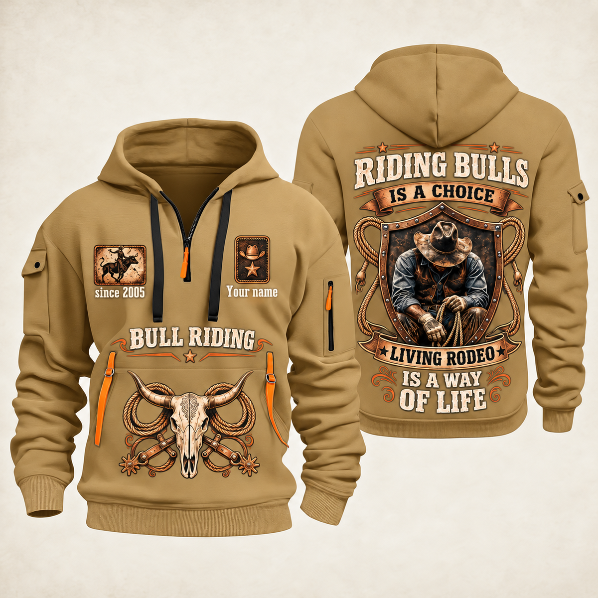Bull Riding Bull Riding Rodeo By Choice Quarter-Zip Hoodie with Name and Year - BR17563392 quarter-zip hoodie in Khaki, front and back, Your name and since 2005 artwork