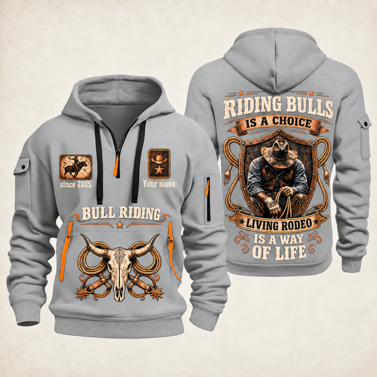 Bull Riding Bull Riding Rodeo By Choice Quarter-Zip Hoodie with Name and Year - BR17563392 quarter-zip hoodie in Light Grey, front and back, Your name and since 2005 artwork
