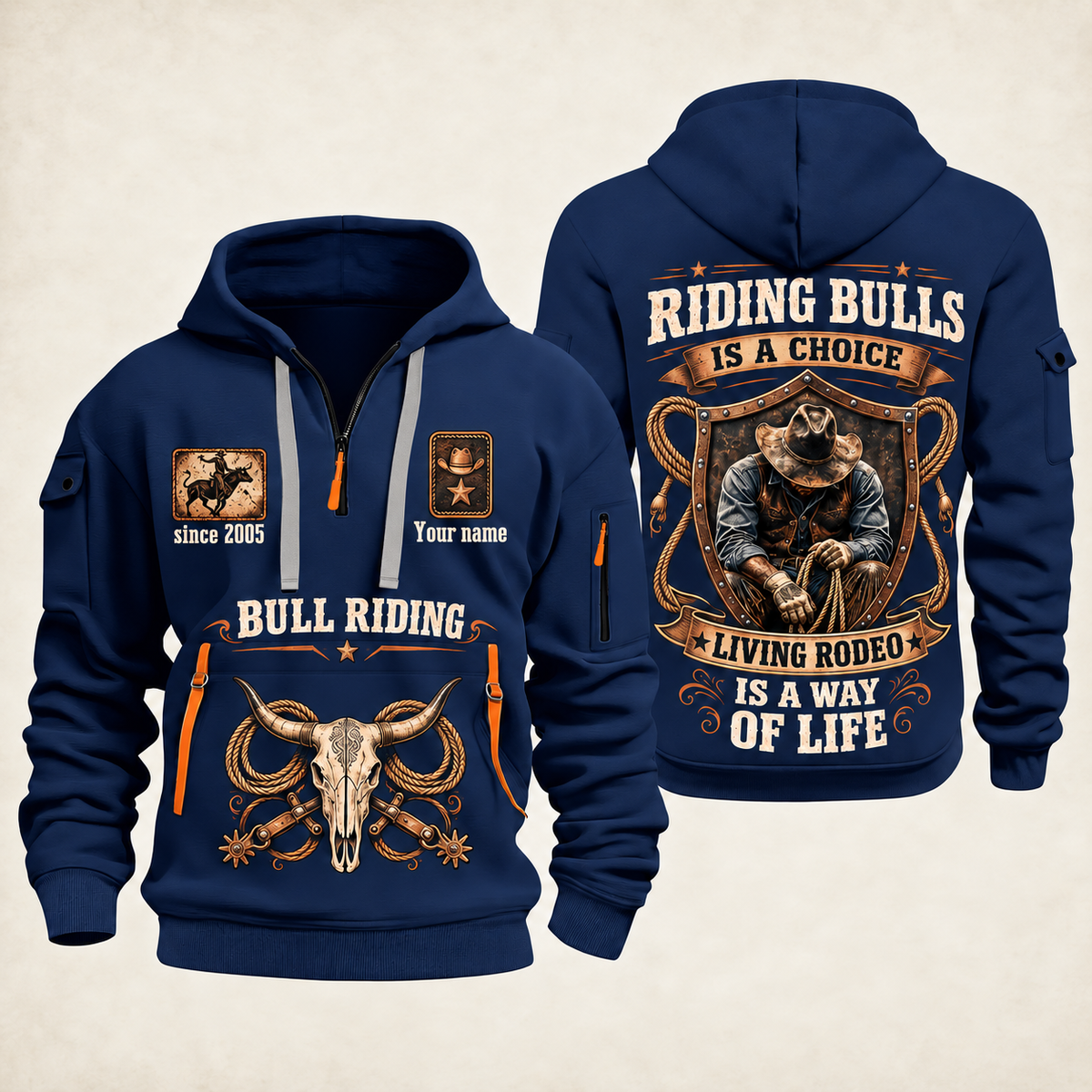 Bull Riding Bull Riding Rodeo By Choice Quarter-Zip Hoodie with Name and Year - BR17563392 quarter-zip hoodie in Navy, front and back, Your name and since 2005 artwork
