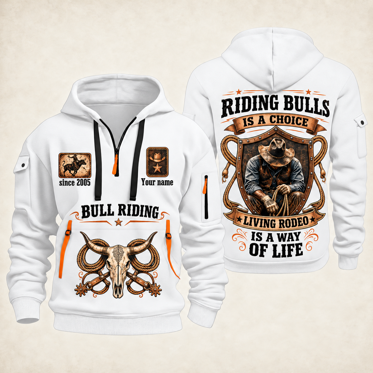 Bull Riding Bull Riding Rodeo By Choice Quarter-Zip Hoodie with Name and Year - BR17563392 quarter-zip hoodie in White, front and back, Your name and since 2005 artwork