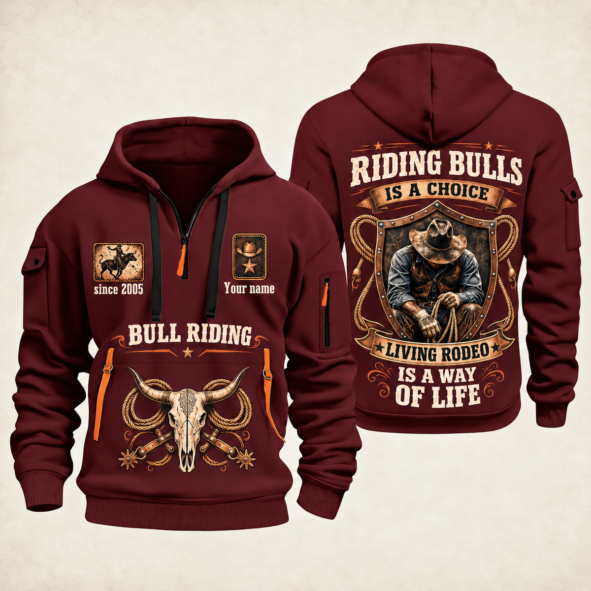 Bull Riding Bull Riding Rodeo By Choice Quarter-Zip Hoodie with Name and Year - BR17563392 quarter-zip hoodie in Wine Red, front and back, Your name and since 2005 artwork