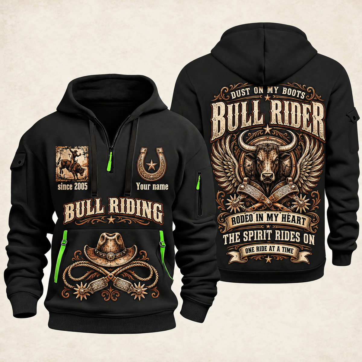 Bull Riding Bull Riding Rodeo Spirit Quarter-Zip Hoodie with Name and Year - BR17642880 quarter-zip hoodie in Black, front and back, Your name and since 2005 artwork