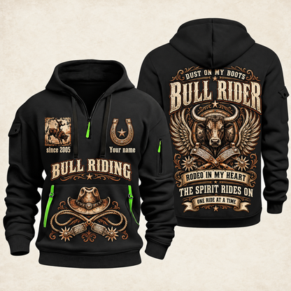 Bull Riding Bull Riding Rodeo Spirit Quarter-Zip Hoodie with Name and Year - BR17642880 quarter-zip hoodie in Black, front and back, Your name and since 2005 artwork