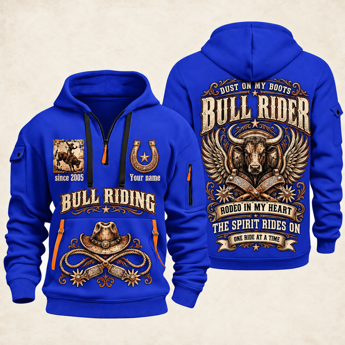 Bull Riding Bull Riding Rodeo Spirit Quarter-Zip Hoodie with Name and Year - BR17642880 quarter-zip hoodie in Blue, front and back, Your name and since 2005 artwork
