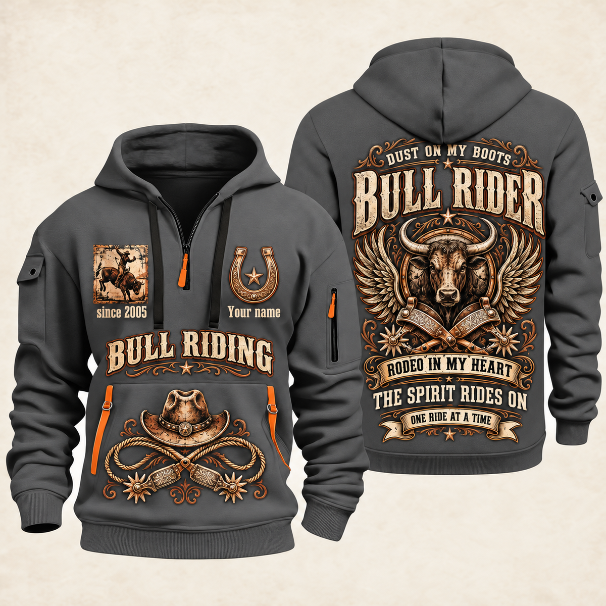 Bull Riding Bull Riding Rodeo Spirit Quarter-Zip Hoodie with Name and Year - BR17642880 quarter-zip hoodie in Gray, front and back, Your name and since 2005 artwork