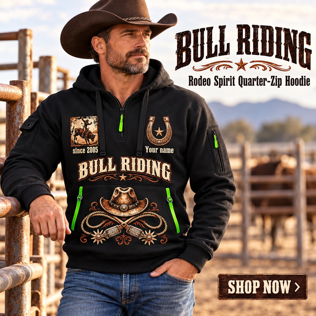 Bull Riding wearing Bull Riding Rodeo Spirit Quarter-Zip Hoodie with Name and Year - BR17642880 quarter-zip hoodie in their workplace; product introduction and shopping call to action