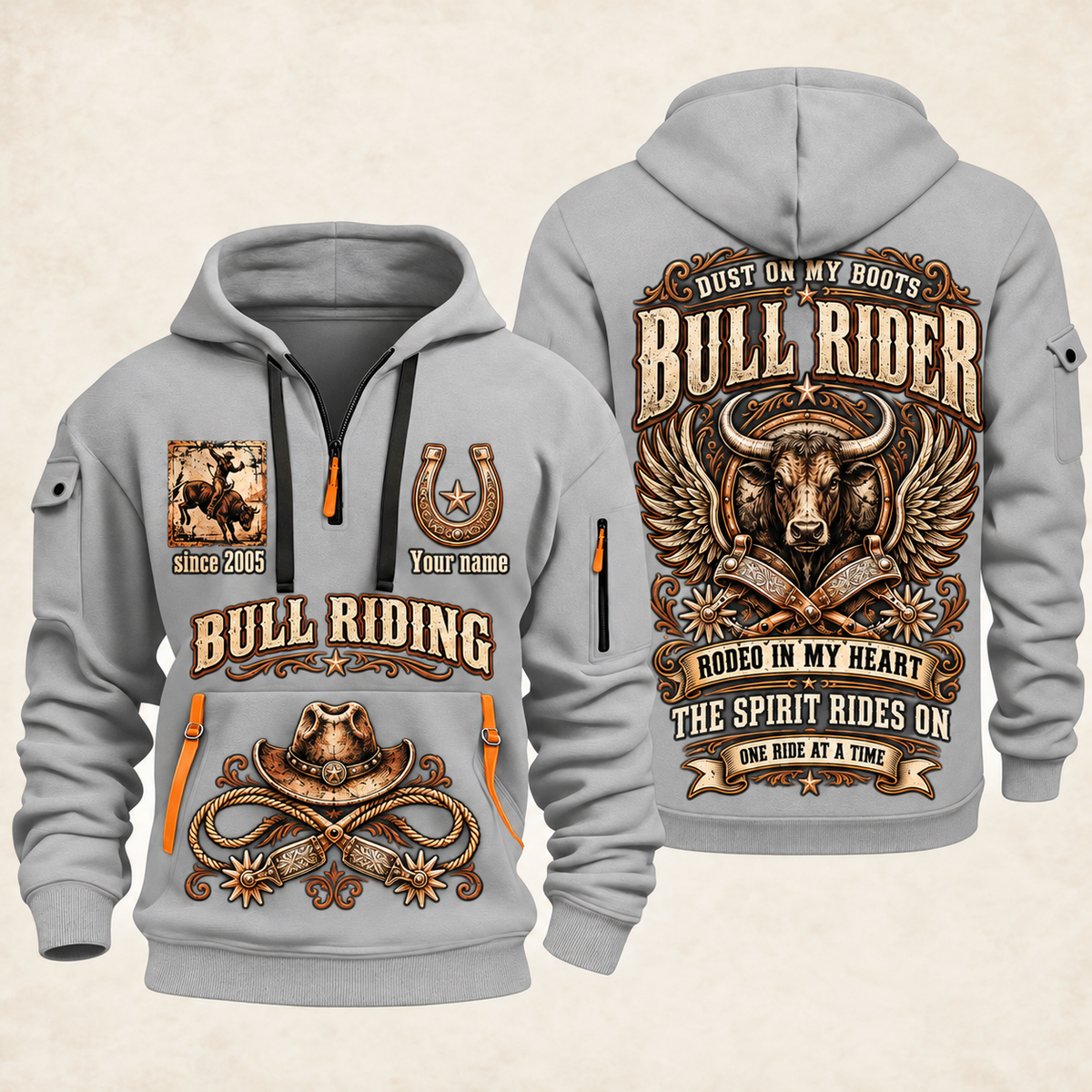 Bull Riding Bull Riding Rodeo Spirit Quarter-Zip Hoodie with Name and Year - BR17642880 quarter-zip hoodie in Light Grey, front and back, Your name and since 2005 artwork