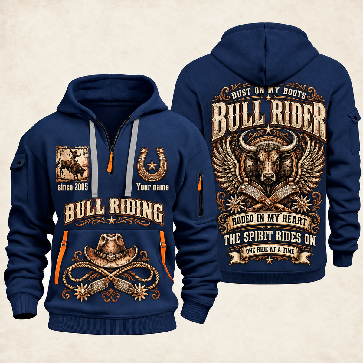 Bull Riding Bull Riding Rodeo Spirit Quarter-Zip Hoodie with Name and Year - BR17642880 quarter-zip hoodie in Navy, front and back, Your name and since 2005 artwork