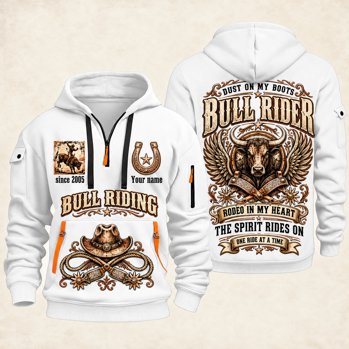 Bull Riding Bull Riding Rodeo Spirit Quarter-Zip Hoodie with Name and Year - BR17642880 quarter-zip hoodie in White, front and back, Your name and since 2005 artwork