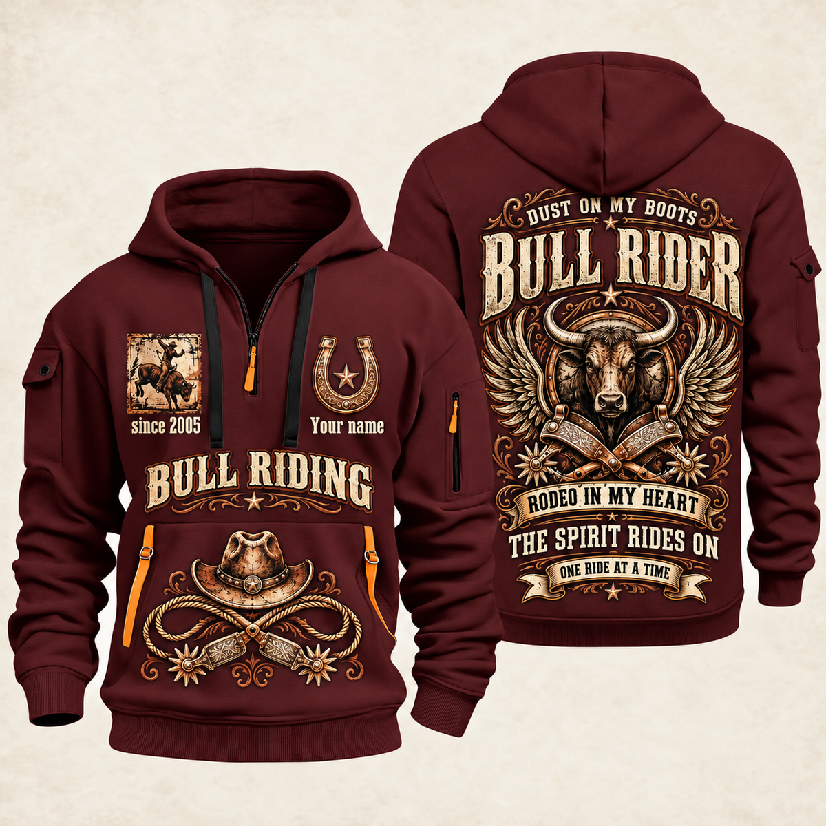 Bull Riding Bull Riding Rodeo Spirit Quarter-Zip Hoodie with Name and Year - BR17642880 quarter-zip hoodie in Wine Red, front and back, Your name and since 2005 artwork