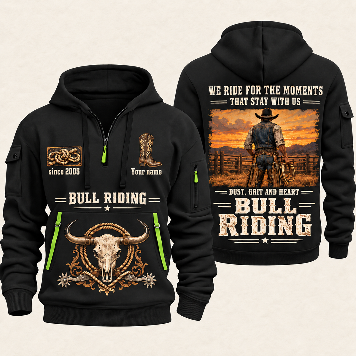 Bull Riding Bull Riding Why We Ride Quarter-Zip Hoodie with Name and Year - BR17643744 quarter-zip hoodie in Black, front and back, Your name and since 2005 artwork
