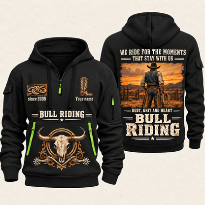 Bull Riding Bull Riding Why We Ride Quarter-Zip Hoodie with Name and Year - BR17643744 quarter-zip hoodie in Black, front and back, Your name and since 2005 artwork