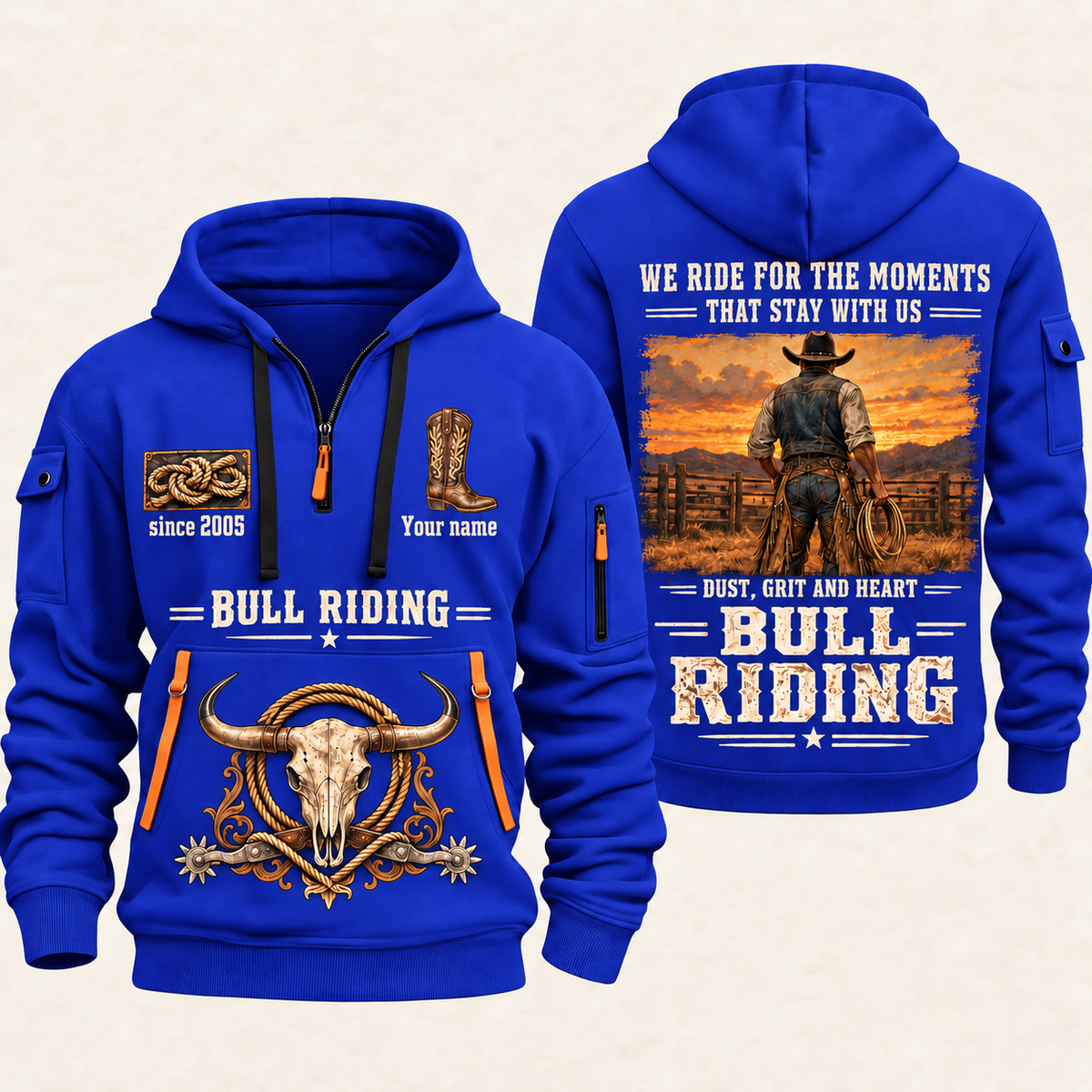 Bull Riding Bull Riding Why We Ride Quarter-Zip Hoodie with Name and Year - BR17643744 quarter-zip hoodie in Blue, front and back, Your name and since 2005 artwork