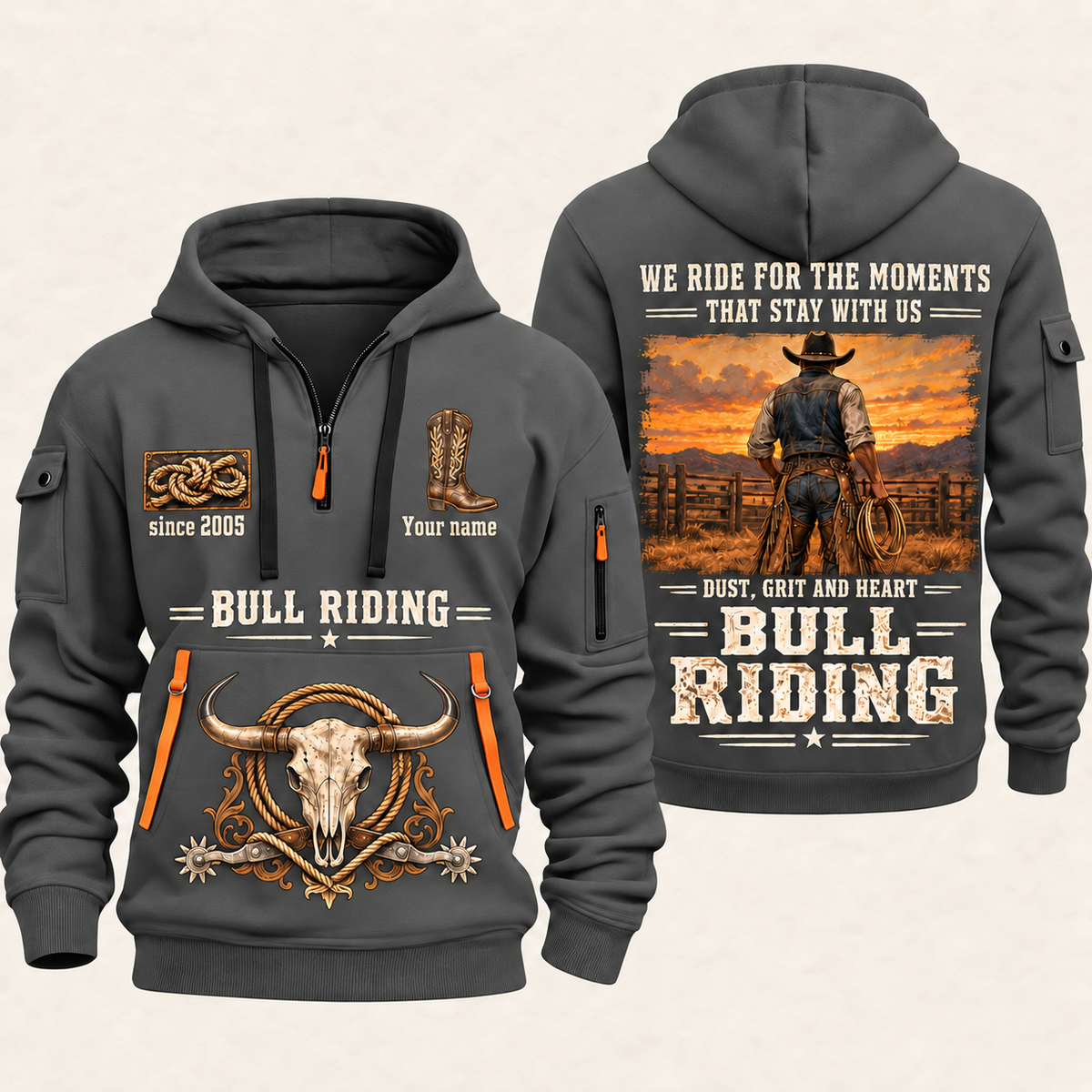 Bull Riding Bull Riding Why We Ride Quarter-Zip Hoodie with Name and Year - BR17643744 quarter-zip hoodie in Gray, front and back, Your name and since 2005 artwork
