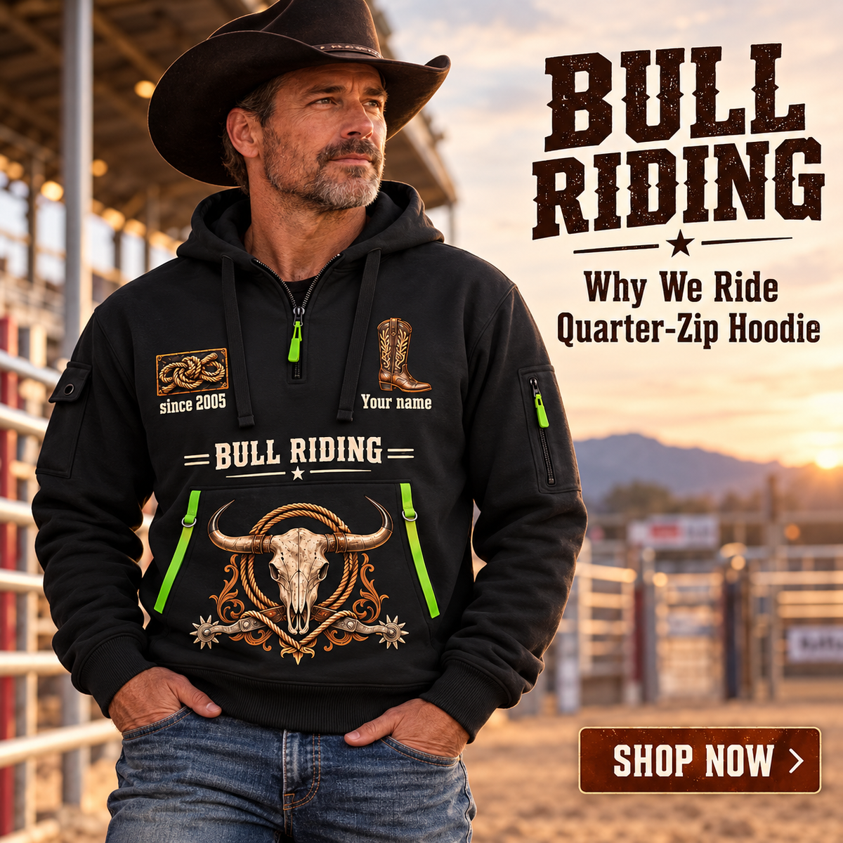 Bull Riding wearing Bull Riding Why We Ride Quarter-Zip Hoodie with Name and Year - BR17643744 quarter-zip hoodie in their workplace; product introduction and shopping call to action