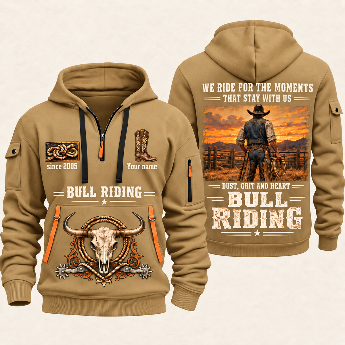 Bull Riding Bull Riding Why We Ride Quarter-Zip Hoodie with Name and Year - BR17643744 quarter-zip hoodie in Khaki, front and back, Your name and since 2005 artwork