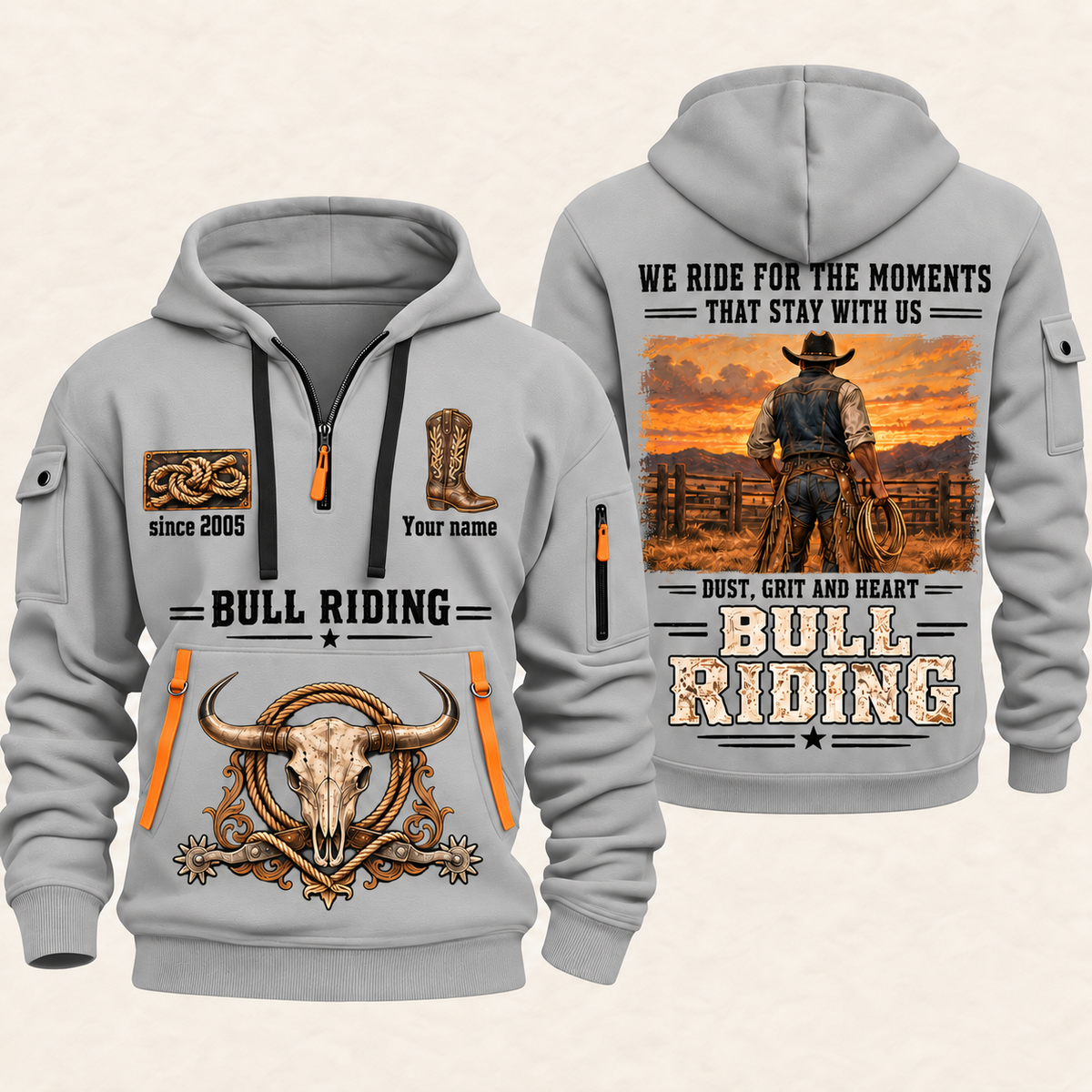 Bull Riding Bull Riding Why We Ride Quarter-Zip Hoodie with Name and Year - BR17643744 quarter-zip hoodie in Light Grey, front and back, Your name and since 2005 artwork