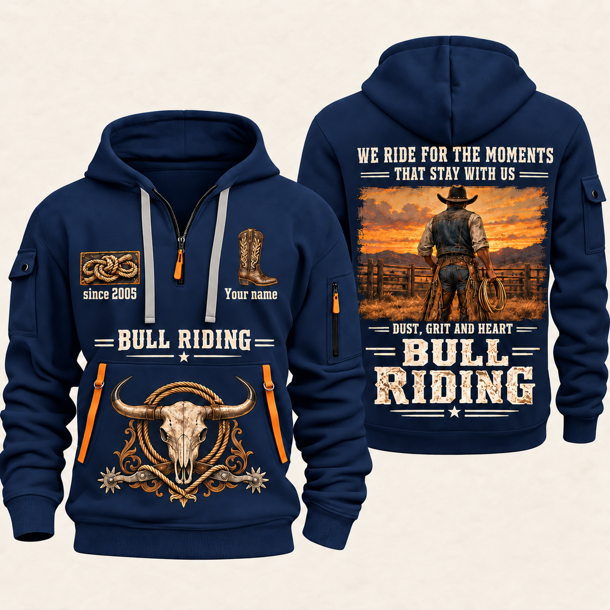 Bull Riding Bull Riding Why We Ride Quarter-Zip Hoodie with Name and Year - BR17643744 quarter-zip hoodie in Navy, front and back, Your name and since 2005 artwork
