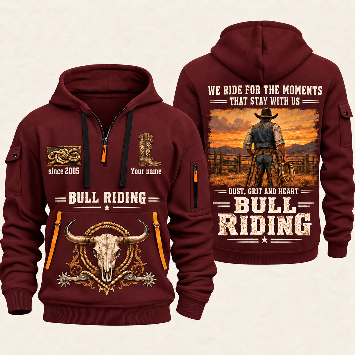 Bull Riding Bull Riding Why We Ride Quarter-Zip Hoodie with Name and Year - BR17643744 quarter-zip hoodie in Wine Red, front and back, Your name and since 2005 artwork