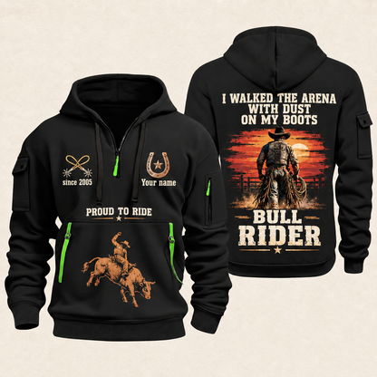 Bull Riding Bull Riding Walk Into The Arena Quarter-Zip Hoodie with Name and Year - BR17666208 quarter-zip hoodie in Black, front and back, Your name and since 2005 artwork