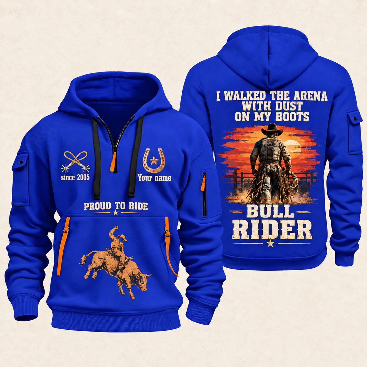 Bull Riding Bull Riding Walk Into The Arena Quarter-Zip Hoodie with Name and Year - BR17666208 quarter-zip hoodie in Blue, front and back, Your name and since 2005 artwork