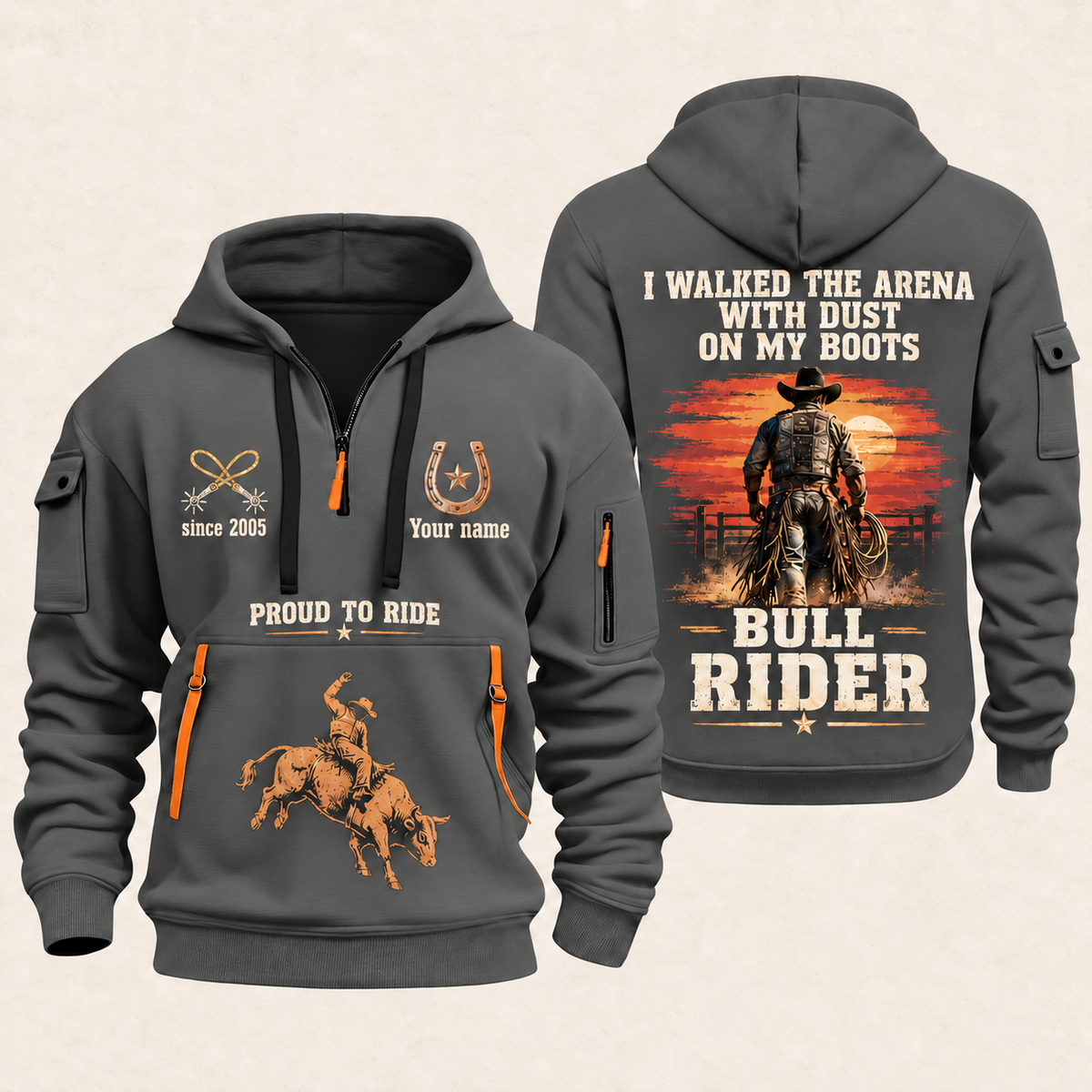 Bull Riding Bull Riding Walk Into The Arena Quarter-Zip Hoodie with Name and Year - BR17666208 quarter-zip hoodie in Gray, front and back, Your name and since 2005 artwork