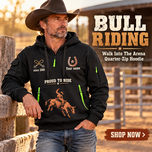 Bull Riding wearing Bull Riding Walk Into The Arena Quarter-Zip Hoodie with Name and Year - BR17666208 quarter-zip hoodie in their workplace; product introduction and shopping call to action