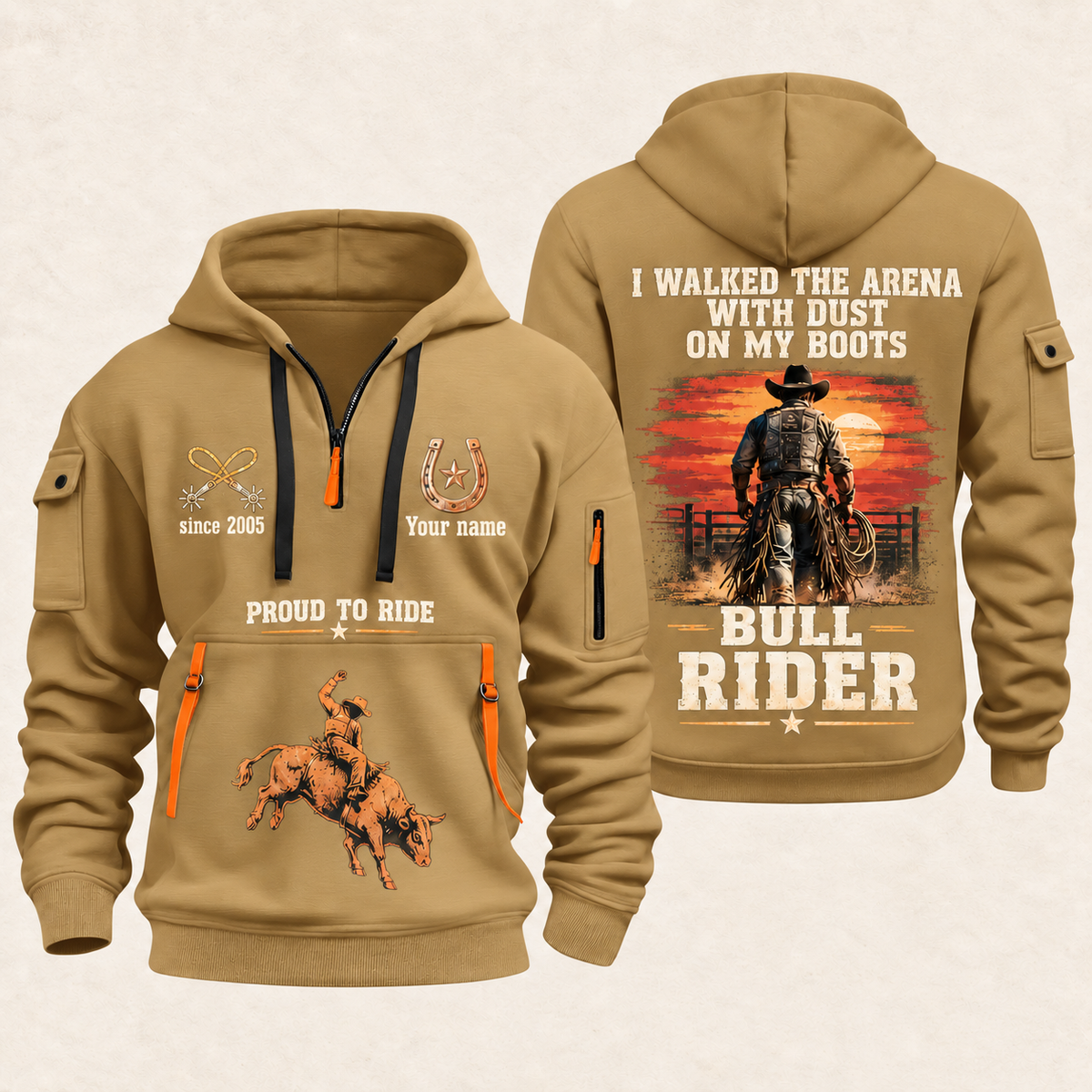 Bull Riding Bull Riding Walk Into The Arena Quarter-Zip Hoodie with Name and Year - BR17666208 quarter-zip hoodie in Khaki, front and back, Your name and since 2005 artwork