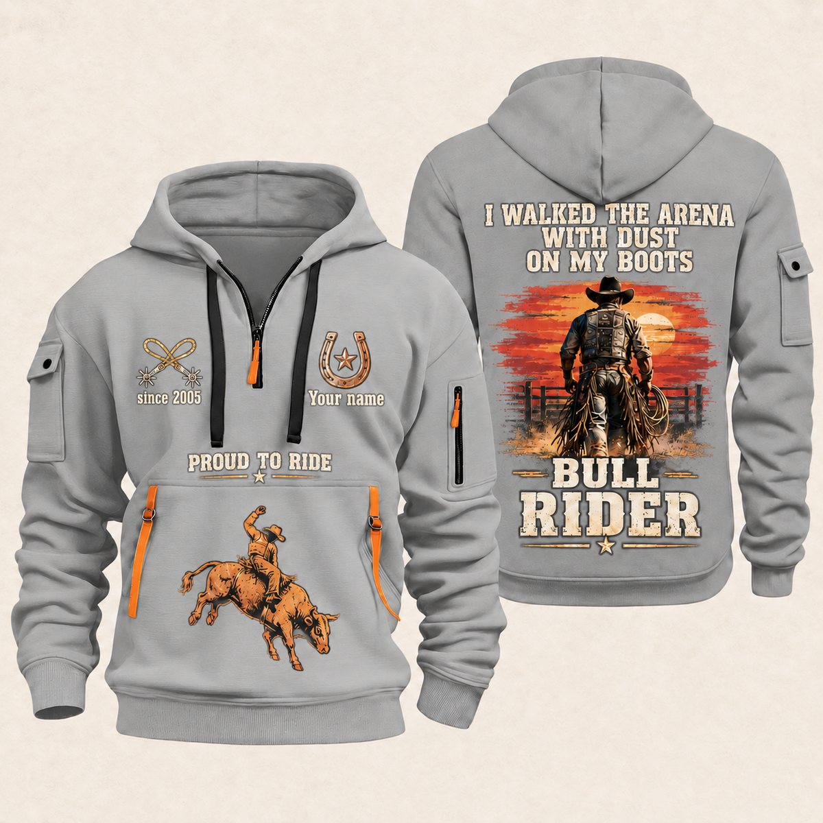 Bull Riding Bull Riding Walk Into The Arena Quarter-Zip Hoodie with Name and Year - BR17666208 quarter-zip hoodie in Light Grey, front and back, Your name and since 2005 artwork
