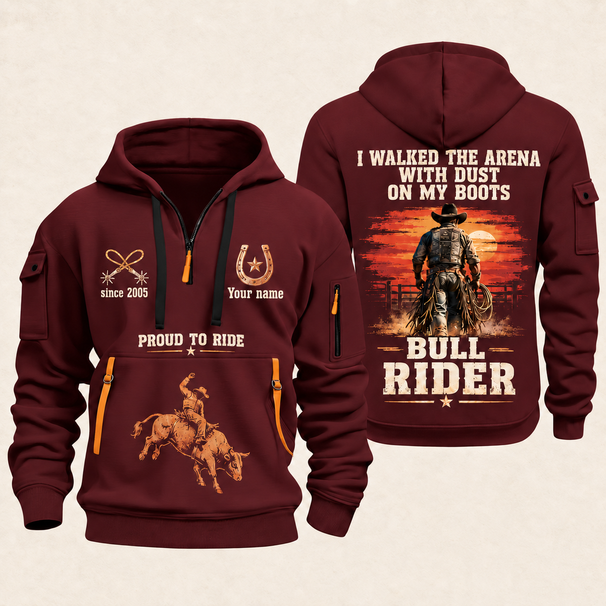 Bull Riding Bull Riding Walk Into The Arena Quarter-Zip Hoodie with Name and Year - BR17666208 quarter-zip hoodie in Wine Red, front and back, Your name and since 2005 artwork