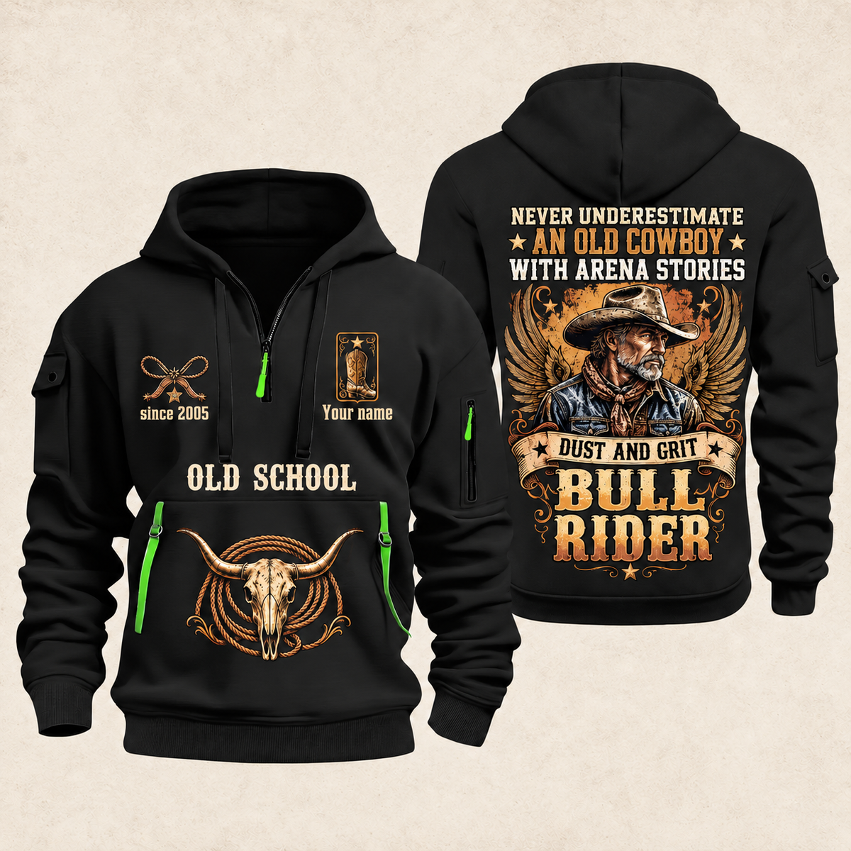 Bull Riding Bull Riding Old School Rider Quarter-Zip Hoodie with Name and Year - BR17667072 quarter-zip hoodie in Black, front and back, Your name and since 2005 artwork
