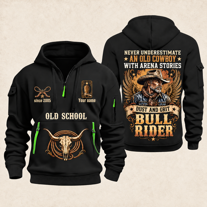 Bull Riding Bull Riding Old School Rider Quarter-Zip Hoodie with Name and Year - BR17667072 quarter-zip hoodie in Black, front and back, Your name and since 2005 artwork