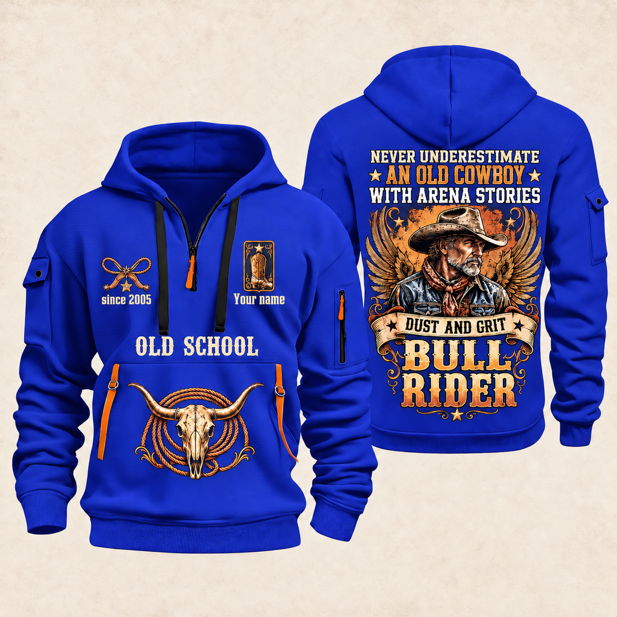 Bull Riding Bull Riding Old School Rider Quarter-Zip Hoodie with Name and Year - BR17667072 quarter-zip hoodie in Blue, front and back, Your name and since 2005 artwork