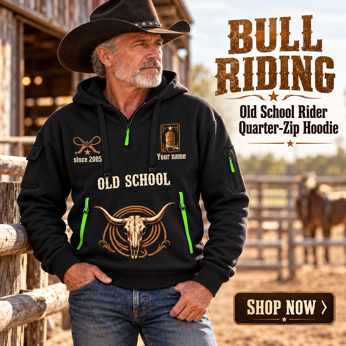 Bull Riding wearing Bull Riding Old School Rider Quarter-Zip Hoodie with Name and Year - BR17667072 quarter-zip hoodie in their workplace; product introduction and shopping call to action